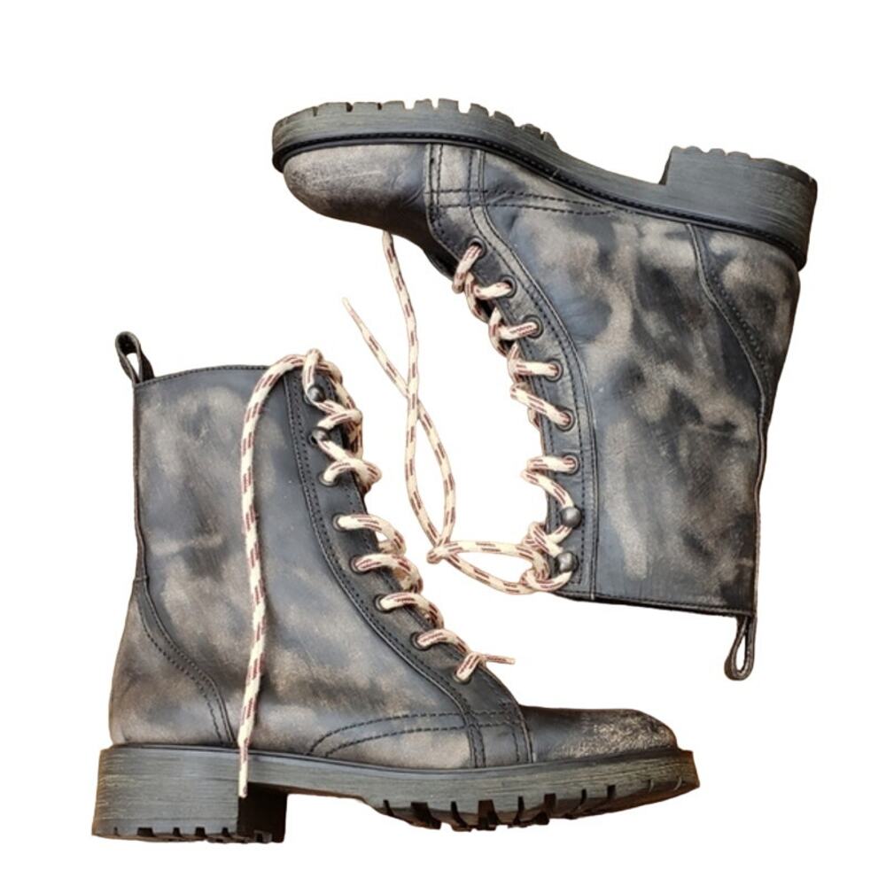 Zara Black Distressed Combat Boots 6.5/7 Lug Sole Grunge Moto